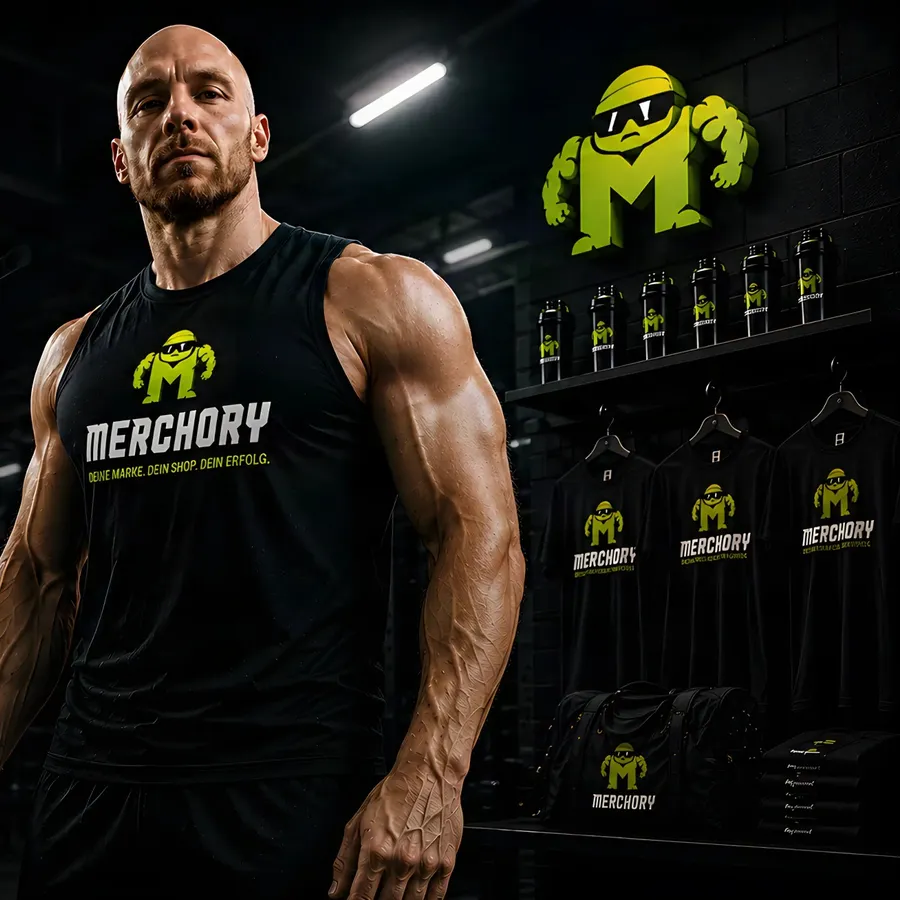 Mirko, Athlet im Gym, trägt ein schwarzes Merchory-Tanktop, dahinter eine Merch-Wand mit Shirts, Flaschen und Sporttasche